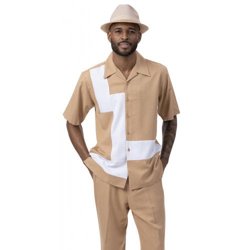 Montique Camel / White Horizontal Lined Short Sleeve Outfit 2077.